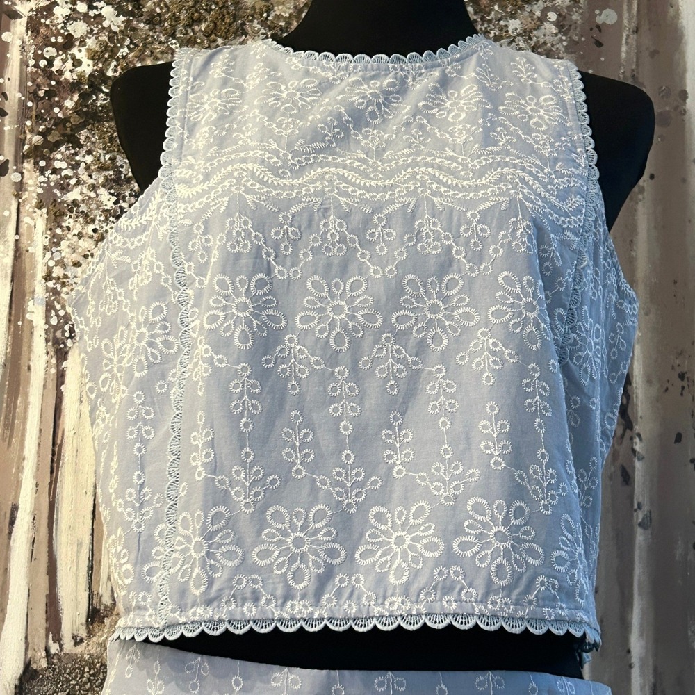 LOFT‎ Two Piece Blue White Floral Embroidered Scalloped Cotton Set NWT- Sz 10/12 - Picture 5 of 14